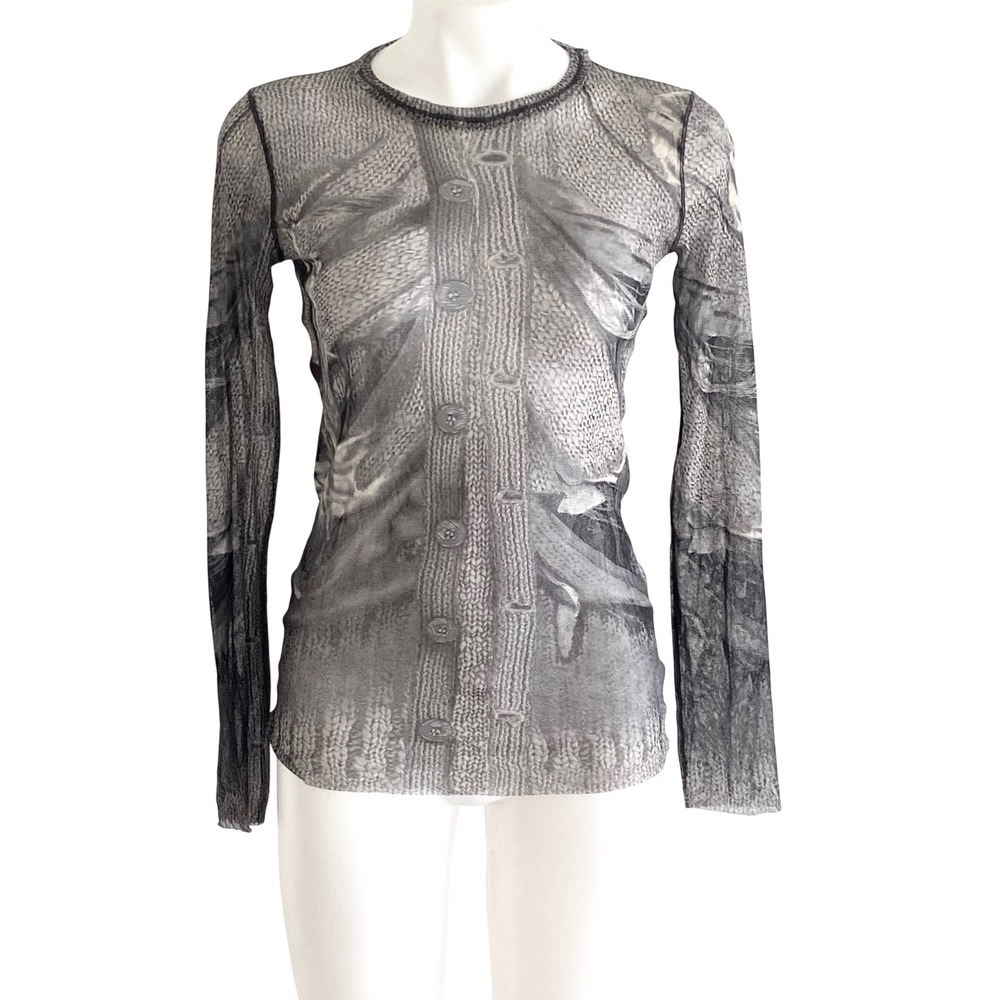 Jean Paul Gaultier Maille Trompe L'oeil Cardigan Print Mesh Top Grey Sweater L